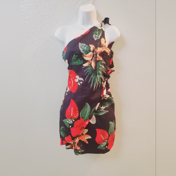 NWT Zara TRF Tropical One Shoulder Cut Out Tie Dress Size Small - Picture 2 of 5